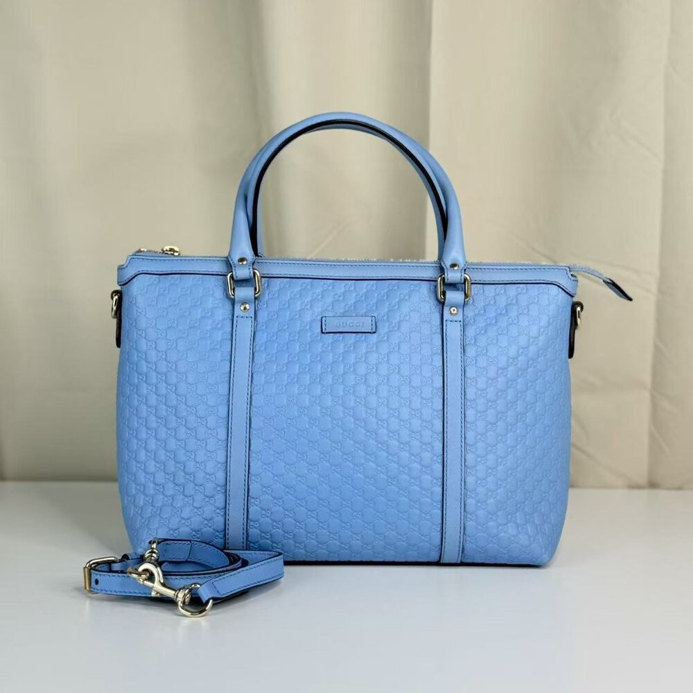 Gucci GG Logo Printed Blue Leather Shoulder Bag with Detachable Strap